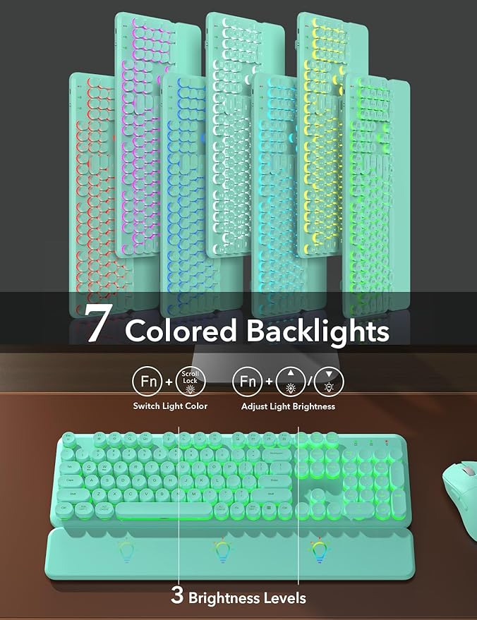 Wireless Keyboard and Mouse Backlit - Typewriter Keyboard with Magnetic Wrist Rest, Retro Round Keycaps, Light Up Letters, 2.4GHz Cordless Combo for Mac, Windows, PC, Laptop, Trueque