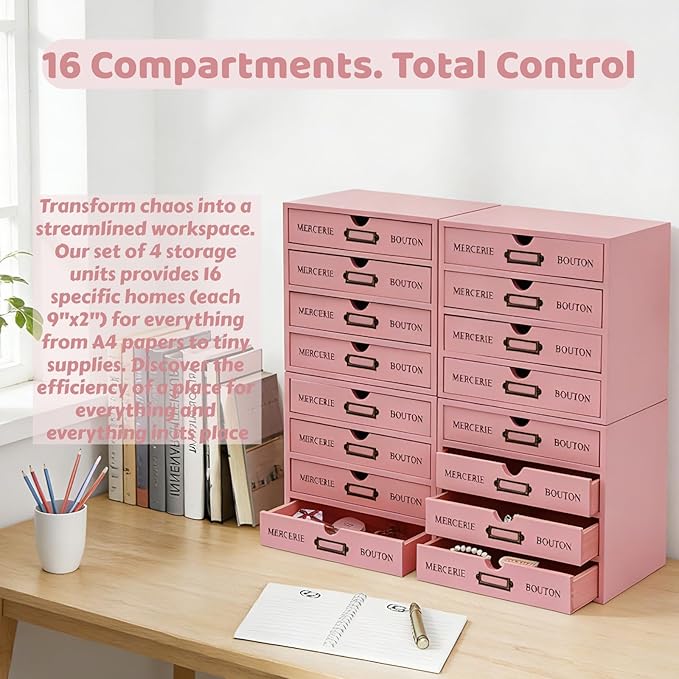 16-Drawer Wooden Desk Organizer Storage Box with Label Holders Vintage Wood Desktop Organizer, Desk Drawer Unit Collectors Box for Living Rooms, Bedrooms, Offices (Pink, 4PCS, 16 Drawers)