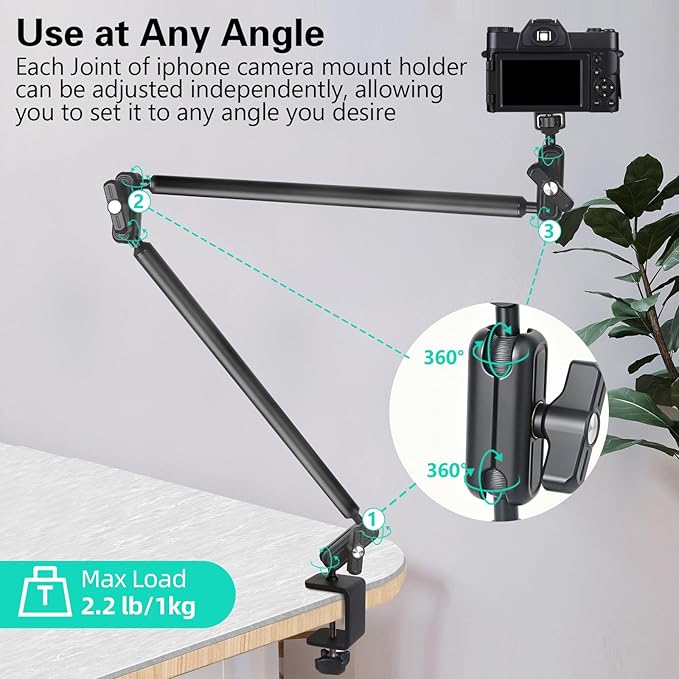 Desktop Clamp Magic Arm 33.84" Kit for Phone,DSRL Two-Stage Adjustable Flexible Arm, Overhead Camera Mount, Desk Phone Mount for Webcam, Action Camera, Mic,Video Light