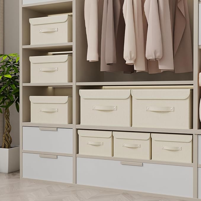 Fabric Storage Bins Cube Organizers with Flip-Top Lid and Handles,Storage Boxes for Organizing Home,Office,and Closet,Beige,3 Pack 15 x 9.8 x 9.8 in