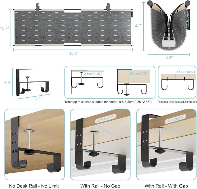 2-in-1 Under Desk Cable Management Tray & Privacy Panel, Dual-Sided Thick Felt Cord Organizer with 20 Cable Ties,Heavy Duty Steel Frame Support, No-Drill Clamp Mount,Large Capacity (Khaki/Gray, 45.2")