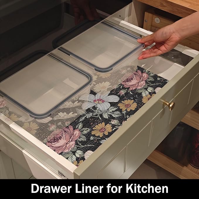 Black Retro Floral Shelf Drawer Liner for Kitchen Cabinets 16IN x 10FT Non-Adhesive, Waterproof Strong Non-Slip Shelf Cabinet Drawer Liners for Dresser Table Cupboard Liners,Easy to Clean