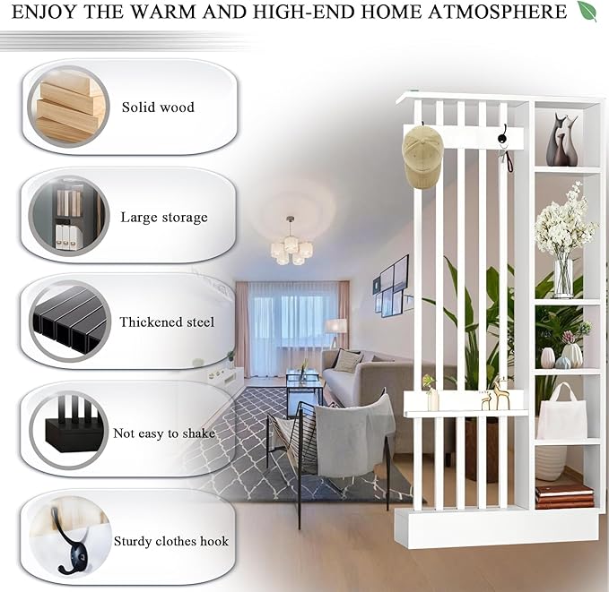 Wall Room Divider - Freestanding Wood Room Divider with Shelves and Coat Rack, Wall Divider with Storage Cabinet and Display Shelf, Freestanding Decor for Bedroom, Office