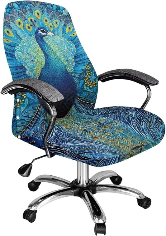 Talayituse Blue Peacock Print Office Chair Covers, Stretch Computer Chair Cover, Universal Boss Chair Covers Modern Simplism Style High Back Chair Slipcover, Large