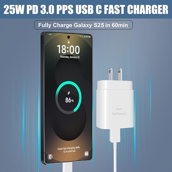 Type C Charger Fast Charging,25W PD USB C Fast Wall Charger Block & 6.6ft Android Phone Charge Cable for Samsung Galaxy S26 S25 S24 S23 S22 S21 S20 Plus Ultra,Note 20 10 9 8/ S10 S9 S8 Pixel 6 5 4 Pro