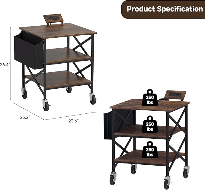 Large Printer Stand with Storage Bag, Rolling Printer Cart with Power Outlet, 3 Tier with Height Adjustable Storage Shelf, 23.6 x 23.6 Inches Printer Table for Home Office