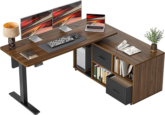 TIQLAB L Shaped Standing Desk with Privacy Protection Panel, 61.4" x 47.2" Height Adjustable Corner Executive Desk with Drawers and Shelves, Standing Computer Desks for Home Office, Black Walnut