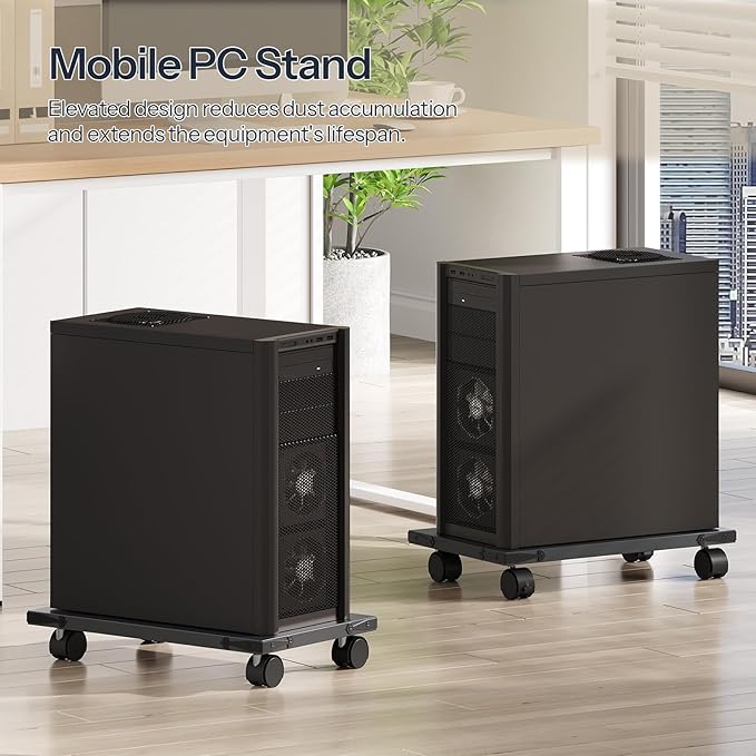 HOOBRO Mobile PC Stand, Ventilated Computer Tower Stand, PC Tower Holder with 4 Caster Wheels, CPU Holder Under Desk Fits Most Computer Tower, for Office, Gamers, Black BB46CJ01