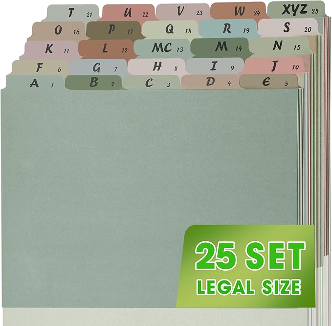 1 Set A-Z Alphabetic and Number Top Label Files, Legal Size, 25 Sheets File Dividers 1/5 Cut Label File Cabinet Dividers Desk Organizer for Office, Home and School (Morandi)