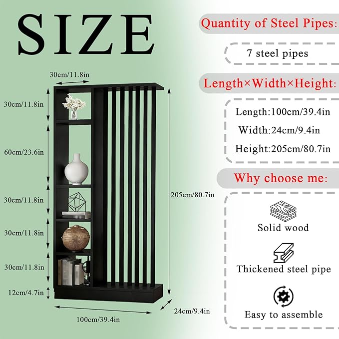 Room Divider with Shelves, Entrance Hall Partition Screen Column Floor to Ceiling - Freestanding Room Divider with Storage Shelf, Freestanding Decor for Bedroom (A Black + Black, 39.4in / 100cm)