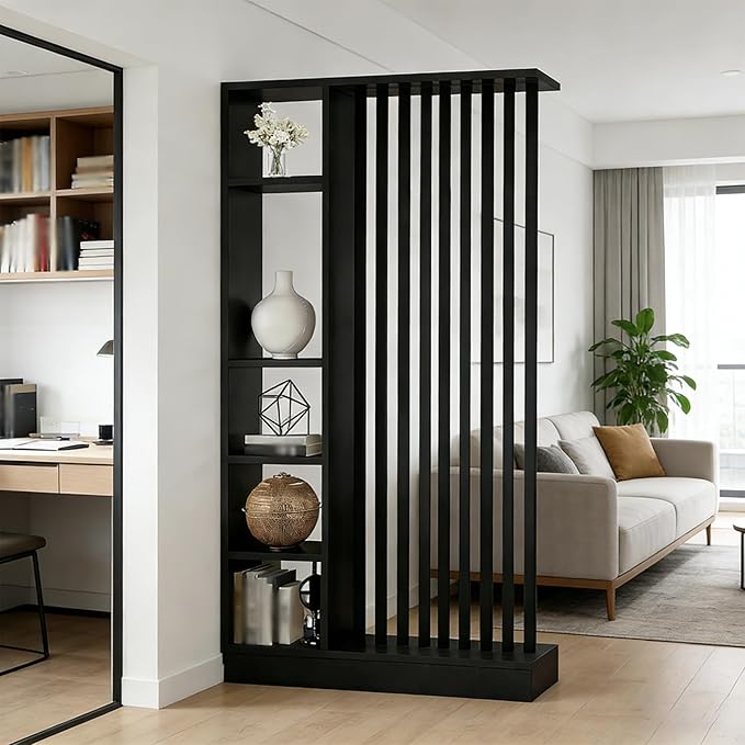 Room Divider with Shelves, Entrance Hall Partition Screen Column Floor to Ceiling - Freestanding Room Divider with Storage Shelf, Freestanding Decor for Bedroom (A Black + Black, 47.2in / 120cm)