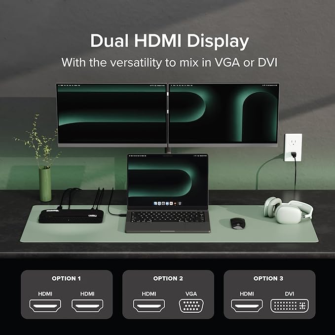 Plugable USB 3.0 Universal Docking Station for Windows, macOS, ChromeOS (Dual HDMI Monitors or DVI/VGA, Gigabit Ethernet, Audio, 6 USB Ports)