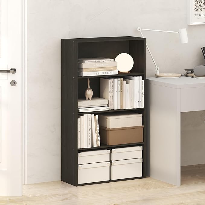 Furinno Jaya Book Shelf, 4-Tier Book Shelf, Bookcase with Open Shelving, Standing Bookshelf, 9.5 x 23.6 x 41.9, for Organization and Storage, for Home Office, Living Room, Espresso