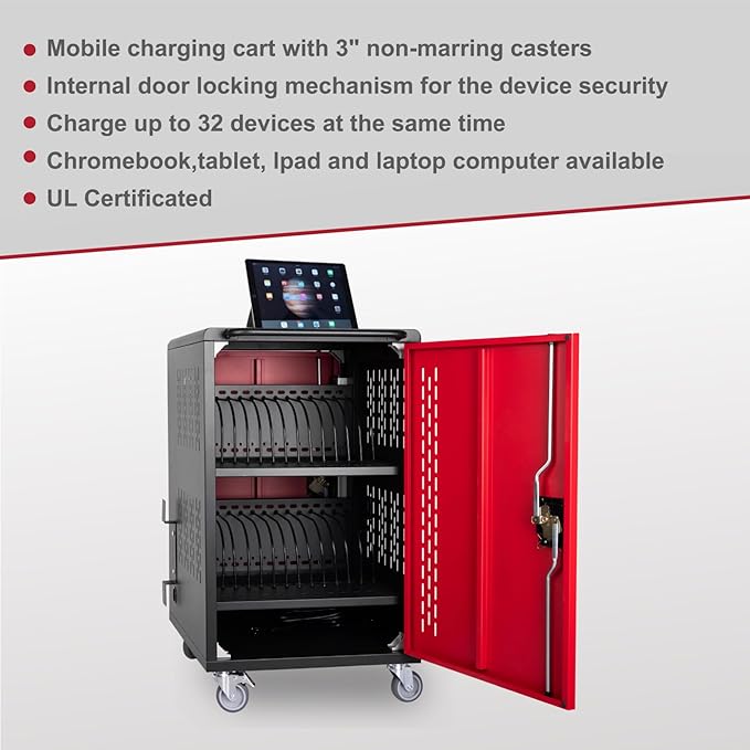 32 Device Mobile Charging Station for Laptops/Tablets/iPads/Chromebooks,32 Bay Lockable Charging Cabinet with Power Strip for Classroom,School Charging Carts with Casters