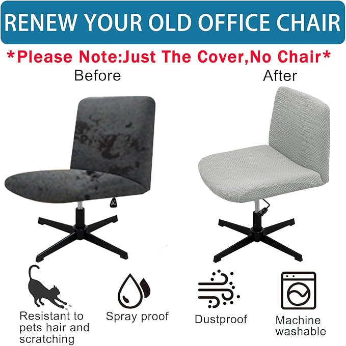 Vanity Chair Cover Criss Cross Chair Cover Elastic Armless Chair Slipcover Armless Chair Covers Office Chair Covers (Light Grey,Just The Cover,No Chair)