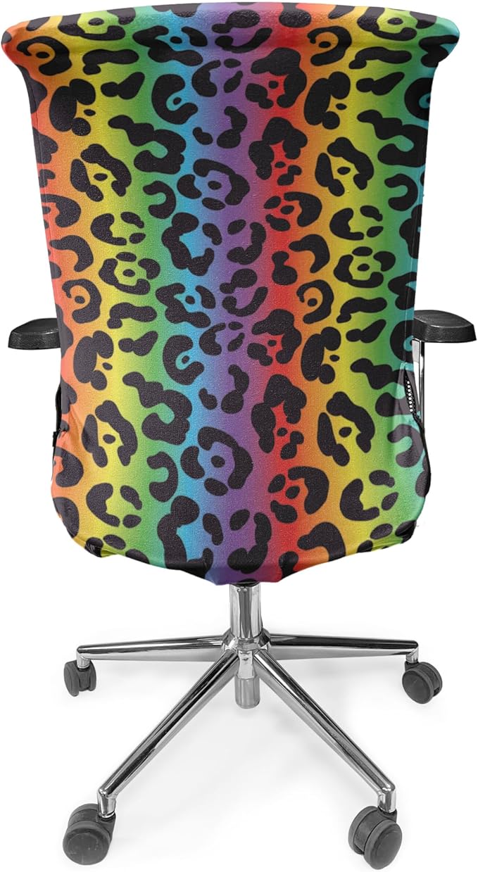 Ambesonne Leopard Print Office Chair Cover, Modernized Panther Leo Skin Wild Big Cats in Gradient Rainbow Tones Print, Stretchable Decorative Universal Size High Back Printed Slipcover, Purple Black