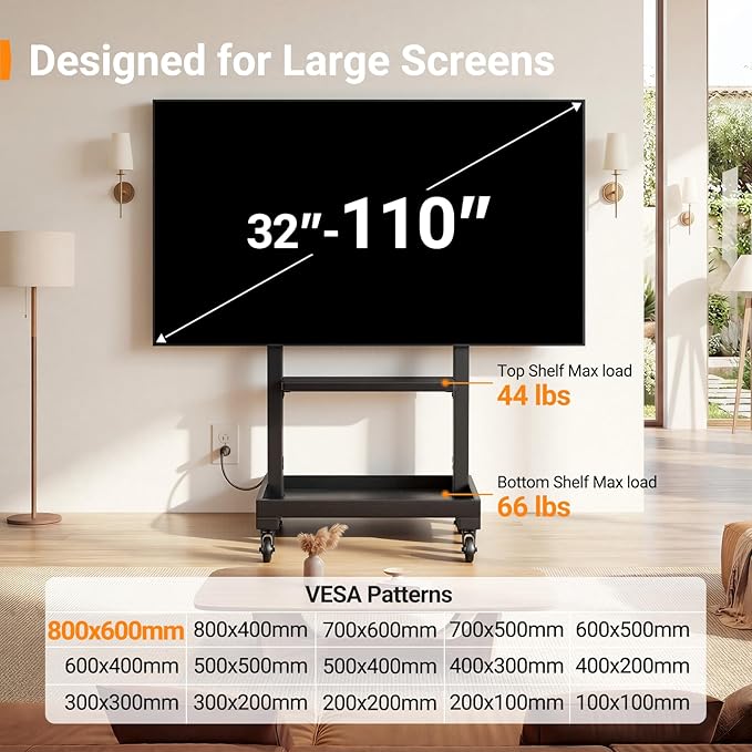 Perlegear Rolling TV Stand for 32”-110” TVs up to 250 lbs, Outdoor TV Stand with Large Wheels, Handle & Power Outlet, Height Adjustable Mobile TV Cart with Wood Shelf, Max VESA 800x600mm, PGTVMC24B