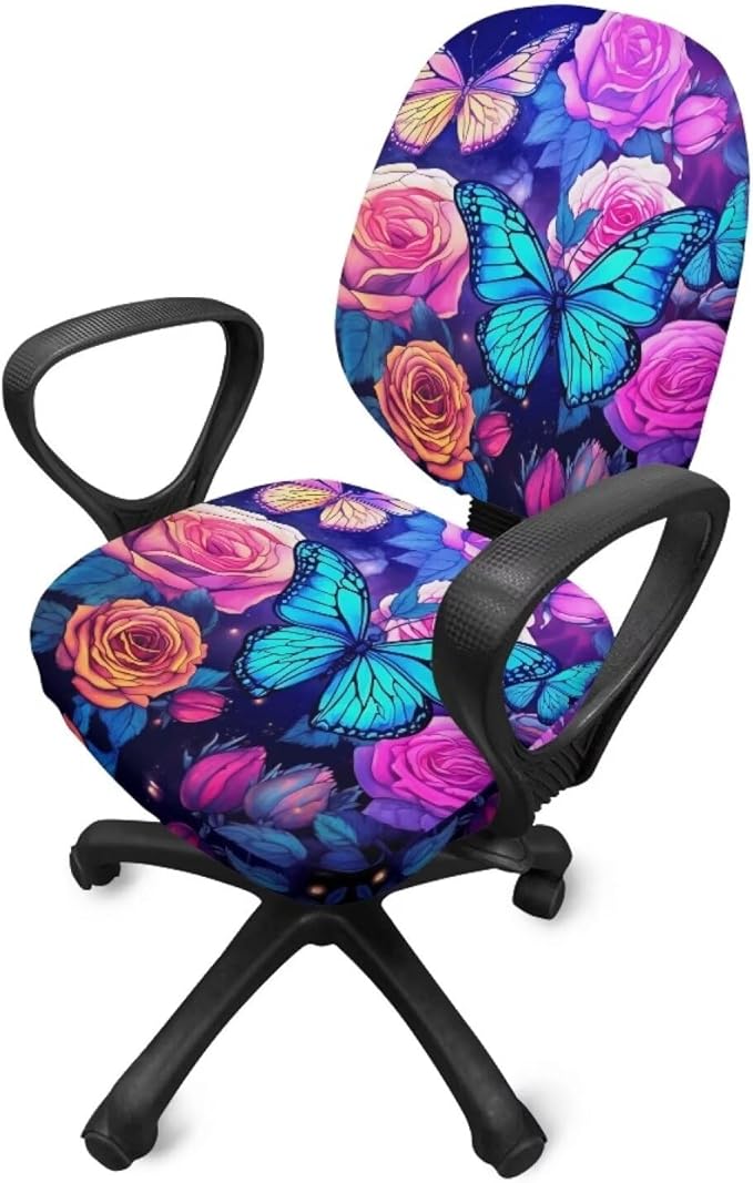 Butterfly Flower Office Chair Covers 2 Piece Stretchable Office Chair Seat Cover Soft Fit Universal Desk Rotating Chair,Computer Chair Washable Chair Cover Decorative for Women Men