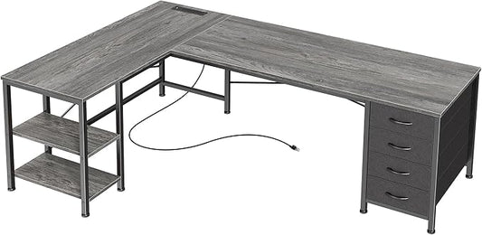 Huuger 55 Inch L Shaped Desk with Fabric Drawers, Reversible Computer Gaming Desk with Power Outlets and USB-C Port, Adjustable Side Storage Shelves, for Work Study Corner Home Office, Grey