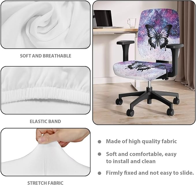 Butterfly Office Chair Covers 2 Piece Stretchable Computer Chair Seat Cover Decorative Universal Slipcover for Rotating Chair,Gaming Chair Protector Cover Galaxy Desk Accessories Purple