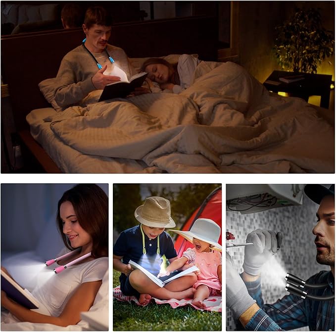 USB Rechargeable Neck Book Light for Reading in Bed, 4 LED Bulbs 4 Adjustable Brightness, Hands Free for Night Jogging or Mending Lamp (Blue)