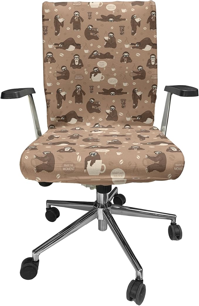 Ambesonne Funny Sloth Office Chair Cover, Whimsical Lazy Animal with Morning Coffee Poses Enjoy The Moment, Stretchable Decorative Universal Size High Back Printed Slipcover, Umber Beige
