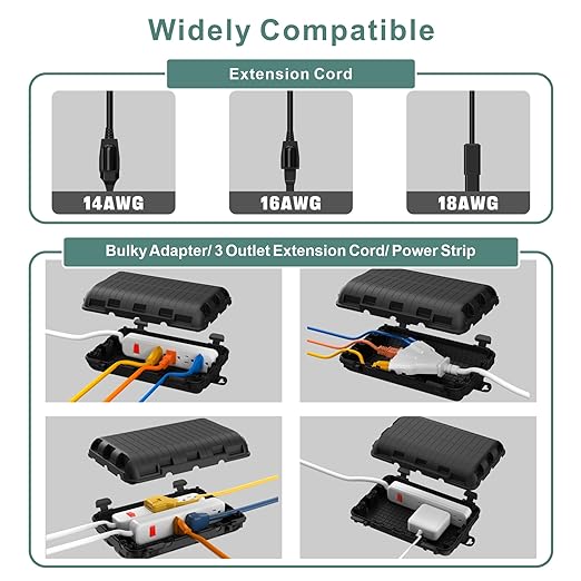 Outdoor Electrical Box(9.05x6.61x2.67inch), IP54 Waterproof Extension Cord Cover 9 Cable Entry Ports Connection Hider Box Safety Protector, Protect Plug, Holiday Light, Timer,and Power Strip, Black