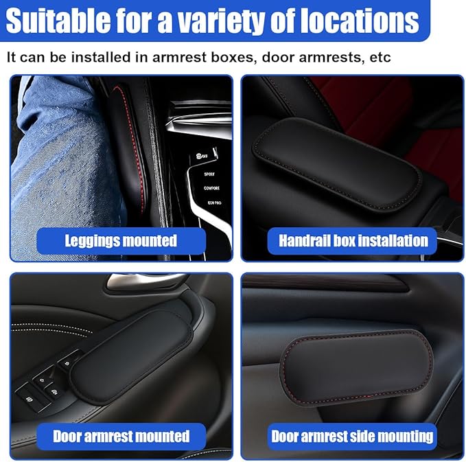 2PCS Car Door Armrest Pads, Soft Leather Memory Foam Car Arm Rest Cushion Pad for Elbow Leg and Knee Support, Universal Comfortable Auto Center Console Pillow for Most Vehicles (Black)