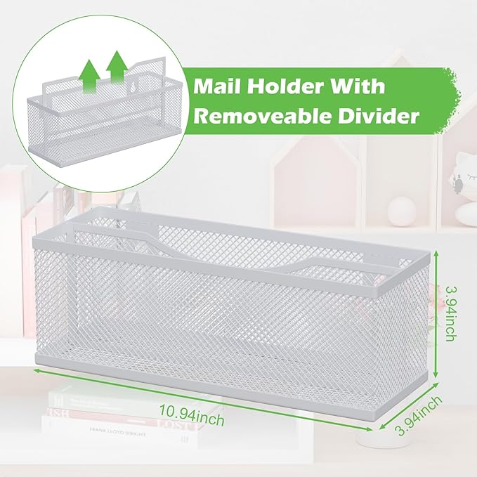 Mail Holder Countertop, Mail Organizer with 2 Slots, Mail Basket Wall Mounted Desktop Mail Sorter Letter Holder Box Envelope Organizer for Home Office, White