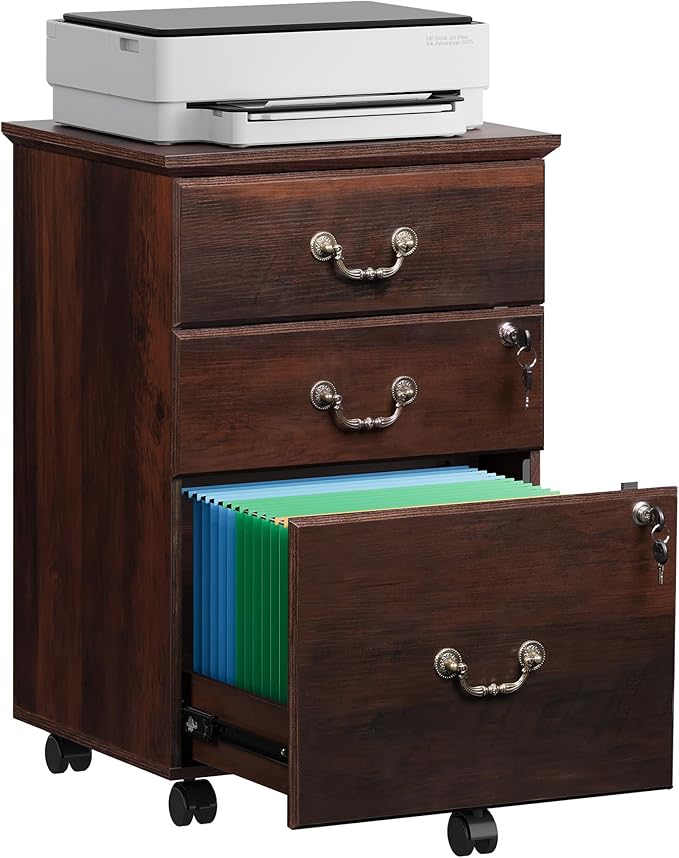DEVAISE 3 Drawer File Cabinet with Lock, Mobile Wood Filing Cabinet for Under Desk Storage, Rolling Printer Stand for Office Storage, Brown Oak