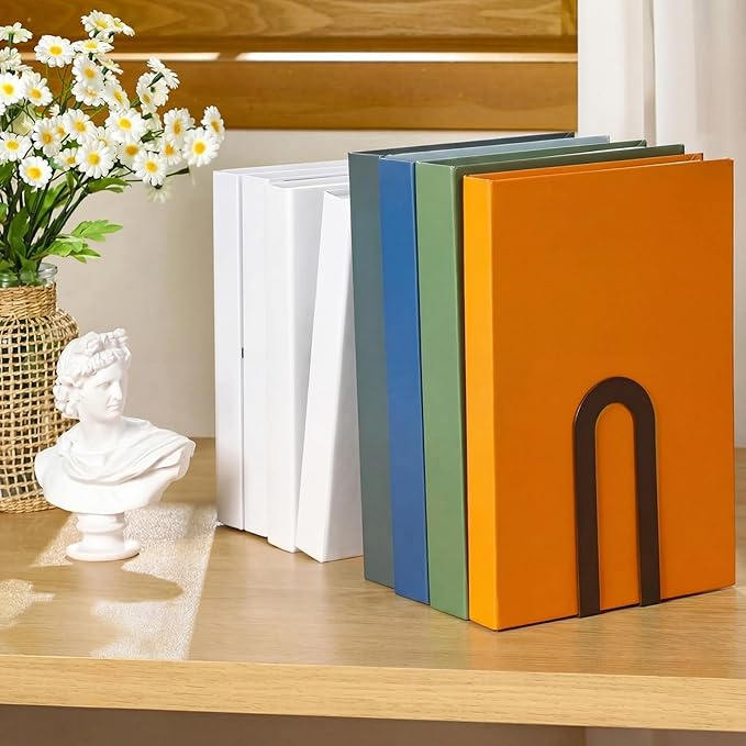Chunful 12 Pcs Modern Metal Book Ends for Shelves Decorative Small Bookends Book Shelf Organizer Minimalist Design Stopper to Hold Books for Home Office (Bronze,5.5 * 3.75 * 2.25inch)