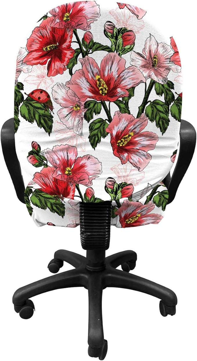 Ambesonne Ladybugs Office Chair Slipcover, Exotic Flowers Hibiscus Hawaiian Foliage Illustration Botany Spring Blossom, Protective Stretch Decorative Fabric Cover, Standard Size, Coral Green