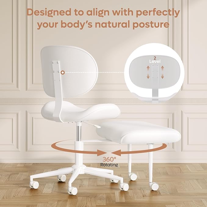 Pinmoco Cross-Legged Meditation Chair, ADHD Friendly Armless Office Chair with Footrest, PU Leather Wide Seat Desk Chair for Focus, Calm Sitting & Home Office, Off White