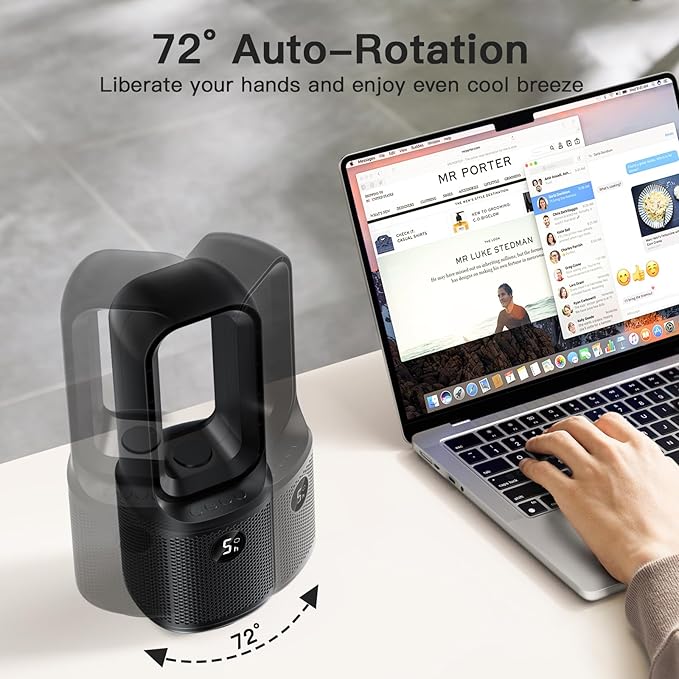 let'me Bladeless Desk Fan Small Quiet, 5-Speed Bedside Table Fan with 3-Level Brightness Night Light, 72° Oscillation, 9-Hour Timer, Wired Power with Adapter, Fan for Bedroom Office Home, 13x5 Inch