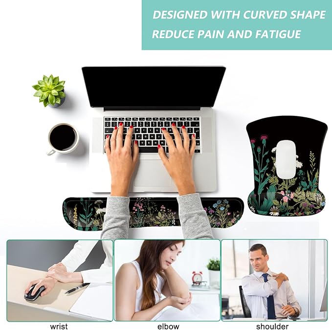 Keyboard Wrist Rest Pad Mouse Pad with Wrist Support Set of 3, Gaming Mousepad with Non-Slip Rubber Base, Ergonomic Memory Foam Mouse Cushion Support for Home Office Laptop Computer, Flowers Grass
