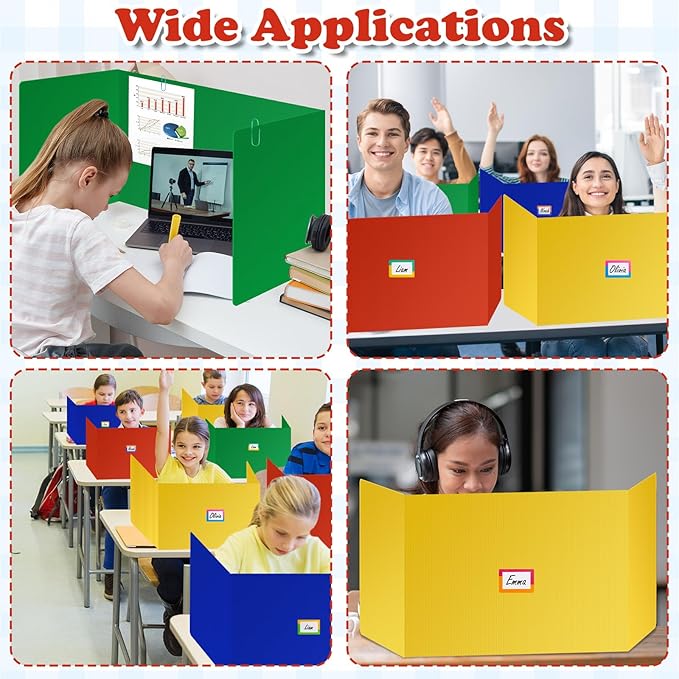 24 Packs Colorful Privacy Folders for Student Desk Durable Waterproof Plastic Divider Board Tri Fold Easy Clean Privacy Shield Divider with Sticker Clips and Clips for Classroom Teacher Supplies