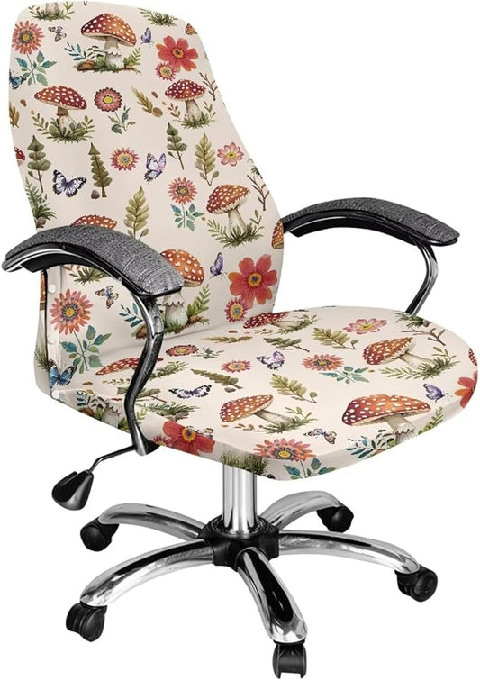 Talayituse Mushroom Butterfly Flower Leaves Print Office Chair Covers, Stretch Computer Chair Cover, Universal Boss Chair Covers Modern Simplism Style High Back Chair Slipcover, Large