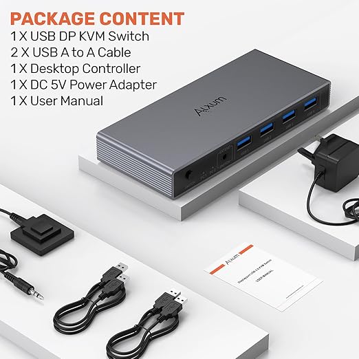 Alxum DP 1.4 KVM Switch–Two Computers Sharing One Monitor,Two Mode Switching,8K 60Hz Ultra HD, 4 USB A 5Gbps for Keyboards,Mouse,USB Drives,External Hard Drives,with Desktop Controller&DC5V Adapter