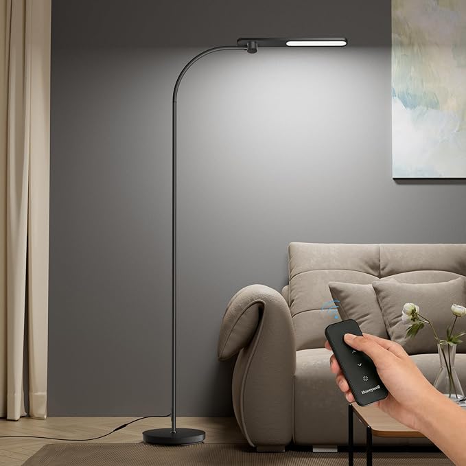 Honeywell LED Floor Lamp with Remote, CRI97 Full Spectrum Eye-Caring Reading Lamp, Stepless Dimmable 3000K-5000K Task Floor Lamp with Flexible Gooseneck for Living Room, Bedroom, Office