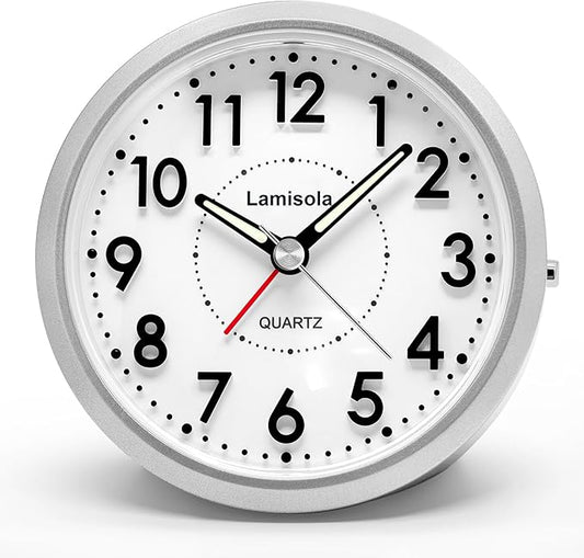 Lamisola 4 Inch Analog Battery Travel Alarm Clocks for Bedrooms, Small Desk Clock, Alarm Clocks for Bedrooms Bathroom Kithchen Home Office, Old School Bedside Table Nightstand Clock Decor, Silver