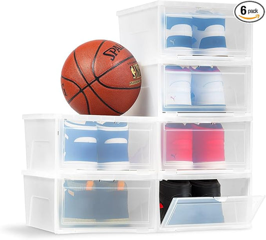 IRIS USA Stackable Shoe Storage Box with Latch Drop Front Door, 6-Pack, for Scarf Game Organizer Container with Ventilation Holes for Closet Under Bed Entryway Storage, Strudy, Wide, Clear