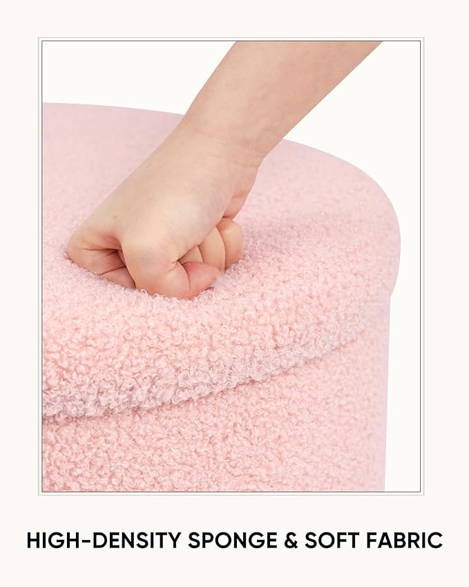 18" Tall Round Boucle Storage Ottoman, Sherpa Teddy Fabric Ottoman Footstool with Wooden Tray Reversible Lid, Folding Footrest with Storage for Living Room, Bedroom, Dorm, Pink