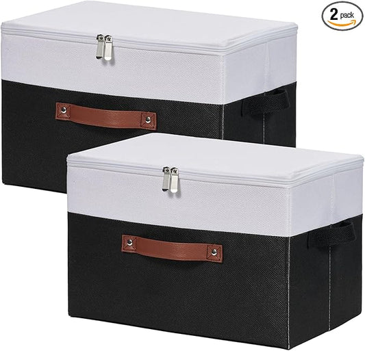 2 Pack Storage Boxes with Zipper Lid Cotton Linen Fabric Lidded Storage Bins Baskets Foldable Washable Closet Shelf Clothes Organizer Container Faux Leather Handles (Black White, Large)
