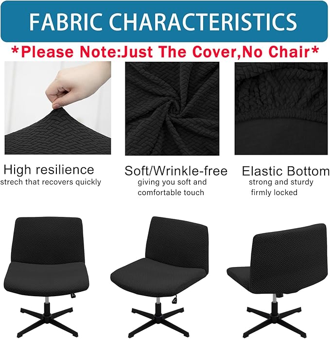Vanity Chair Cover Criss Cross Chair Cover Waterproof and Elastic Armless Chair Slipcover Armless Chair Covers Office Chair Covers (Black,Just The Cover,No Chair)