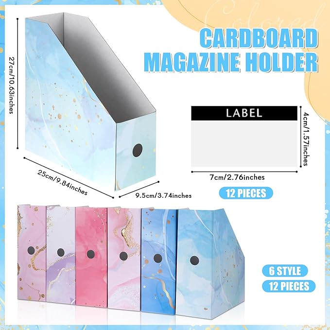 PerKoop 12 Pcs Decorative Magazine File Holders Floral Foldable File Folders Magazine Storage Boxes Rack Desk Organizer Documents with Printable Labels for School Office Home (Marble)