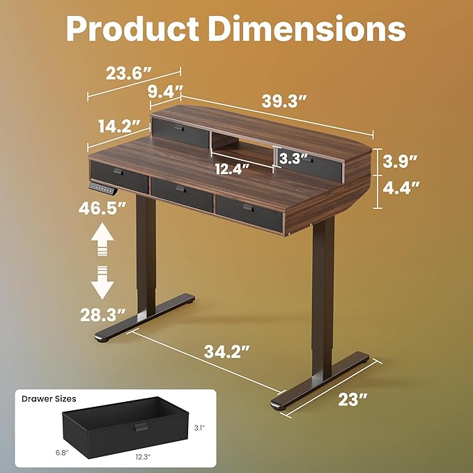 HUANUO 40 x 24 inch Electric Standing Desk with 4 Drawers, Adjustable Height Sit Stand Home Office Desk, C-Clamp Mount Compatible, Ergonomic Stand up Desk with 4 Preset Heights, Walnut