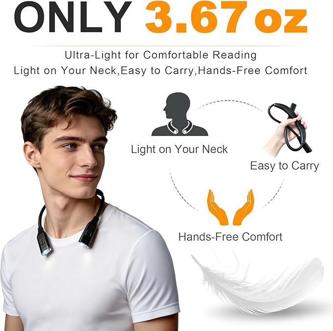 Book Light, 3-Color Reading Light, Lightweight 3.67 oz Bendable Neck Light, Rechargeable Lamp, Perfect for Reading in Bed, Knitting, Camping, Black