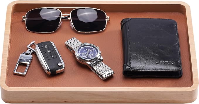 ProCase Wooden Valet Tray for Men, Wood Catch-All EDC Organizer, Nightstand, Entryway Bedside Dump Holder, for Wallets, Keys, Watches, Phones, Loose Change, Trinkets -LightBrown