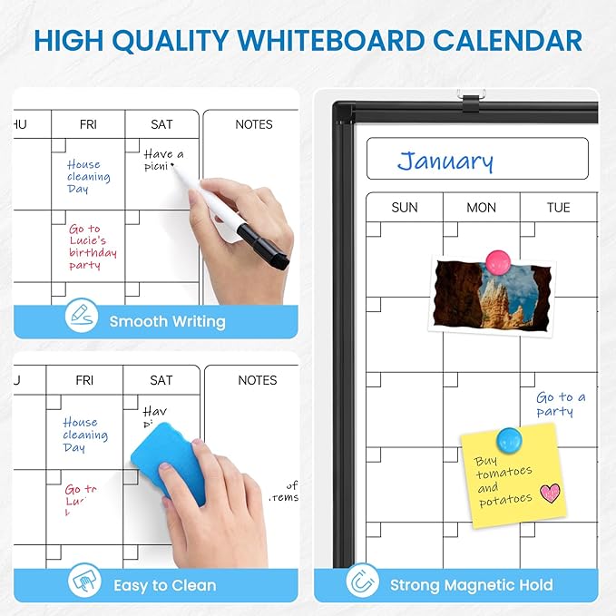 Monthly Calendar Dry Erase Whiteboard, 30" x 20" Magnetic Calendar White Board, Double-Sided Portable Board with Black Aluminium Frame for Office, Kitchen, School, Home