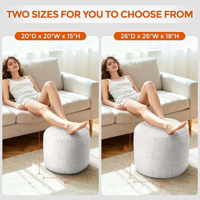 26" x 26" x 18" Pouf Ottoman Foot Rest, Pre-Stuffed Round Foot Stool with Odorless Shredded Memory Foam, Furry & Fluffy Corduroy Footrest for Living Room, Grey
